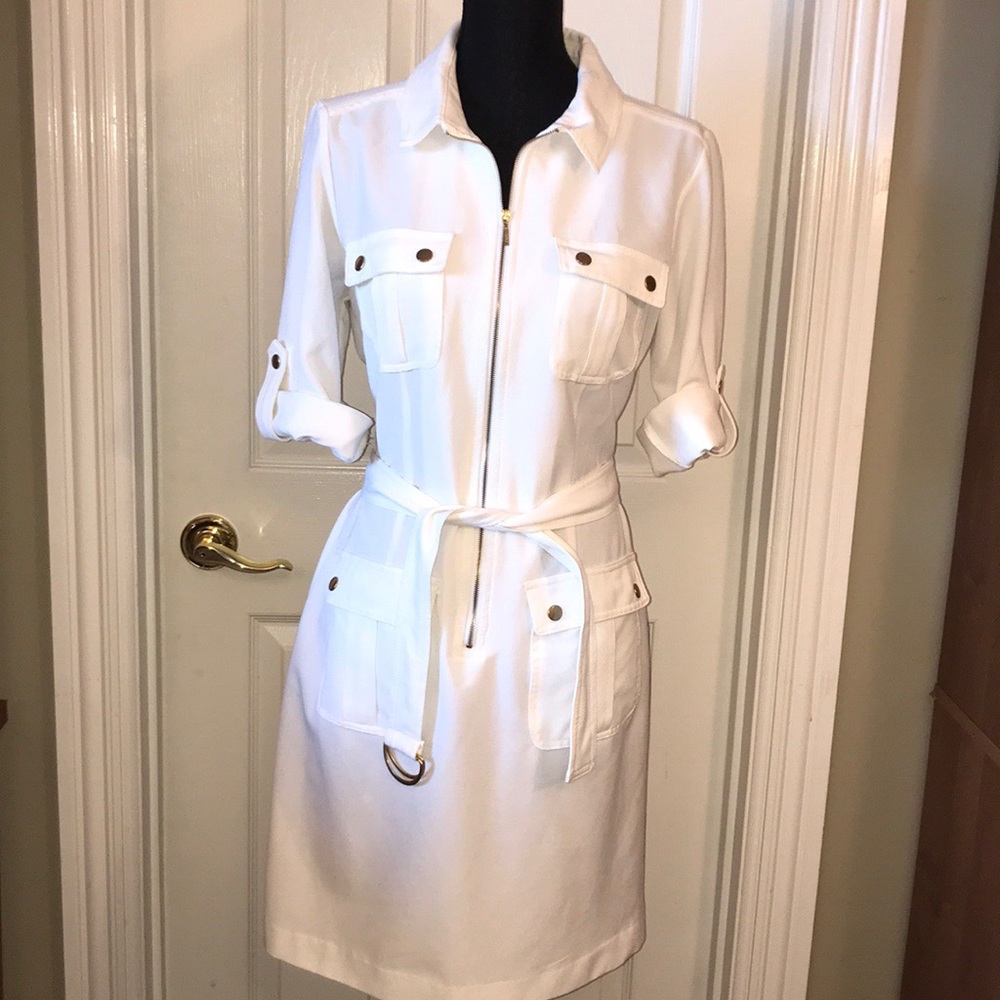 Sharagano White Utility Dress with Belt.